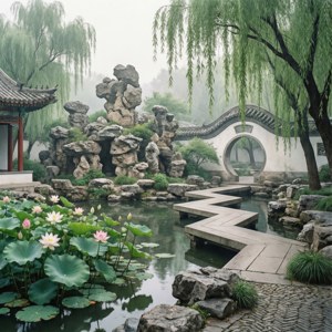 寧靜的中式花園，有蓮花池、石橋和霧中的垂柳。