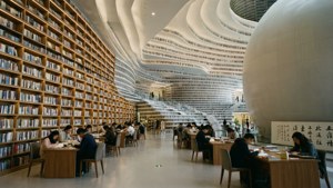 人們在一個設有彎曲書架和白色天花板的現代圖書館中學習。