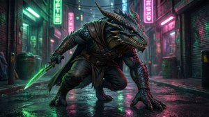 龍戰士在霓虹雨巷中手持發光劍