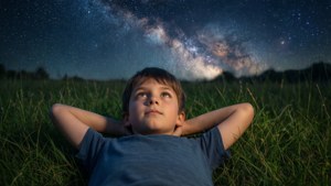 一個小男孩躺在草地上仰望夜空中的銀河。