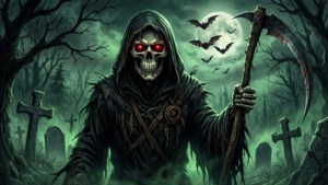 擁有發光紅眼的死神在滿月下的陰森墓地中持著鐮刀。