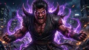 憤怒的惡魔，有角和紫色能量，在夜晚的廢墟城市中。