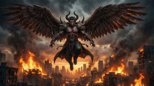 一個有翅膀的惡魔身影飛過燃燒的城市。 — 청하 壁紙
