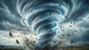 龍捲風將樹葉和碎片捲入暴風雨的天空