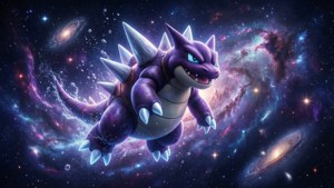 一隻紫色龍系寶可夢在色彩繽紛的星空中翱翔。