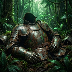 生鏽的騎士盔甲安放在茂密的綠色叢林中。