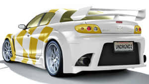 白色和黃色的馬自達RX-8跑車，帶有賽車條紋和尾翼。 — 馬自達 壁紙