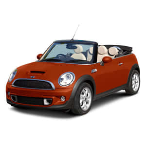 橙色敞篷Mini Cooper，配以奶油色內裝和黑色飾邊，置於白色背景上。 — 霓虹車 壁紙
