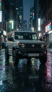 夜間停泊在濕滑街道上的灰色鈴木 Jimny，帶有霓虹倒影。