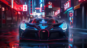 黑色 Bugatti 超跑在濕漉漉的霓虹燈城市街道上夜晚 — 布加迪 GIF 壁紙