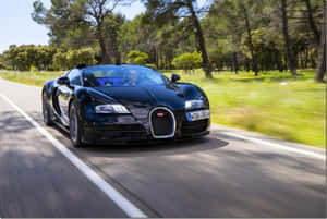 黑色Bugatti Veyron在明亮的陽光下於森林道路上飛馳。 — 布加迪 GIF 壁紙