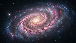 深空中帶有粉紅色和藍色氣體和恆星雲的螺旋星系。