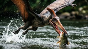 翼龍在水中捕捉魚類，水花四濺