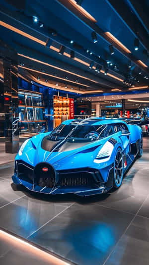 一輛藍色Bugatti跑車在高級展廳中展示，燈光璀璨。 — 布加迪 GIF 壁紙