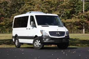 白色 Mercedes-Benz Sprinter 客貨車停在瀝青路上，背景有落葉和秋天的樹木。 — Surface Pro 壁紙