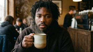 留著辮子的男人在舒適咖啡館中啜飲熱咖啡。
