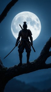 武士戰士在夜間滿月下剪影於樹枝上
