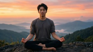 男子在日出時在山頂冥想，下方是霧氣山谷
