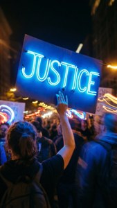 抗議者在夜間集會中高舉寫有 justice 的藍色霓虹標誌 — iPhone 5 壁紙