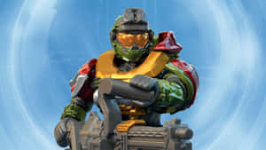 身穿綠色盔甲的Halo士兵在藍色科技背景前手持重型武器。 — 暗黑破壞神 壁紙