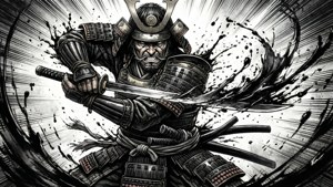 身穿盔甲的武士揮劍，帶有墨跡效果