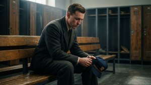 身穿西裝的男子坐在更衣室凳子上拿著棒球帽