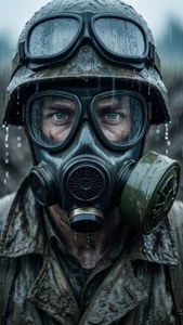 士兵在泥濘的防毒面具和頭盔中，透過雨滴凝視著陰沉的戰場場景。