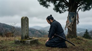 武士在山野中的石墓碑前跪地祈禱。