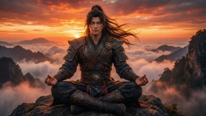 戰士在山頂日出時冥想，下方有雲海。
