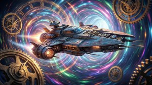 蒸汽龐克太空船飛過色彩繽紛的宇宙漩渦，漂浮著齒輪。