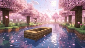 一艘木船在Minecraft世界中沿著兩旁種滿櫻花樹的河流漂流。