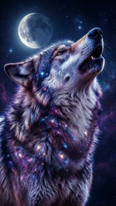狼在星空下向月亮嚎叫，毛皮帶有銀河圖案。