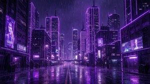 紫色霓虹燈光映照在濕漉漉的路面上，一座未來主義的雨夜城市。 — ROG Ally 壁紙