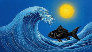 一條黑魚在明亮的黃色太陽下滑過一個巨大的藍色波浪。