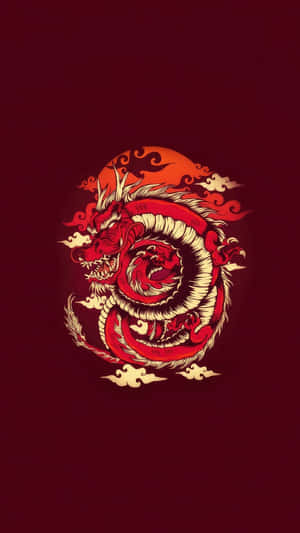 一條紅龍盤繞在太陽周圍，有雲朵，背景是栗色。 — 日式龍 壁紙