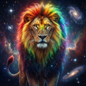 一頭擁有彩虹鬃毛的獅子站在繁星點點的星系中。