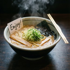 冒煙的拉麵，配上筷子和手寫的享受便條，在深色木上。 — Galaxy Watch 壁紙