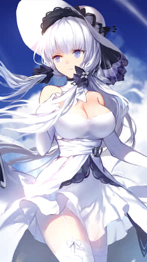 白髮和白色連衣裙的動漫女孩站在有雲的藍天下。 — 碧藍航線 壁紙