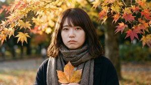 年輕女子在色彩繽紛的楓樹枝下拿著秋葉