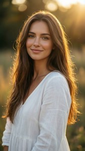 一位身穿白色連衣裙的女性在陽光明媚的田野中溫柔微笑。