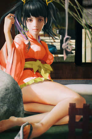 穿著橙色和服的動漫女孩在室內赤腳坐著，有竹簾和陽光。 — 2:3 壁紙