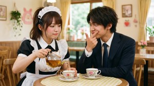 一位女僕在咖啡桌旁為一位西裝男子倒茶。