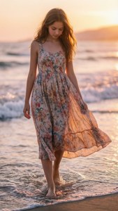 穿著碎花裙的年輕女子在日落時赤腳在海中行走。