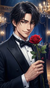 穿著燕尾服的動漫男子在豪華舞廳中手持紅玫瑰。