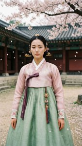 穿著傳統韓服的女士在寺廟庭院中的櫻花下。