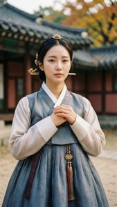 一位穿著傳統韓國韓服的女子站在有秋葉的寺廟前。