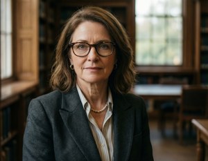 一位戴眼鏡和西裝外套的女士站在有書架和窗戶的圖書館裡。