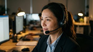 一位戴著耳機的女性在辦公室裡使用電腦工作。