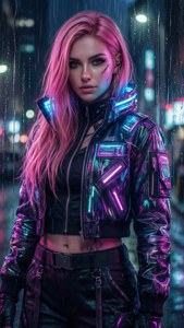 粉紅色頭髮的賽博龐克女性穿著發光外套，站在雨夜的霓虹城市中。