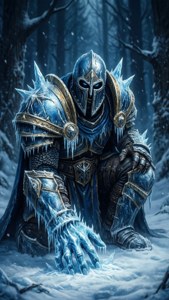 冰霜騎士穿著冰甲跪在雪地森林中